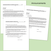 Pastoral announcement examples printed and placed on a green background