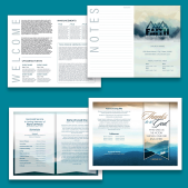 3 examples of church bulletin templates printed on a teal background