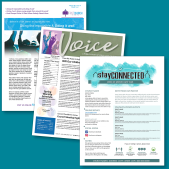 3 Church Newsletter examples printed and placed on a teal background