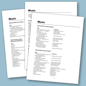 Sample Music suggestions printed and placed on light blue background