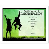 Participation Church Certificate for Kids with two silhouettes holding hands and jumping on green background