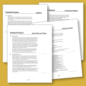 Pastoral Prayers example pages printed and placed on mustard yellow background