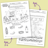 Photo of 2 children's activity sheets about Jericho on a tan background