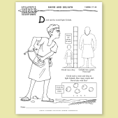 Photo of an activity sheet about David and Goliath on a tan background