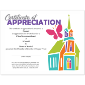 Certificate of Appreciation with clipart image of a church and butterfly 