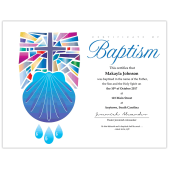 Church Baptism certificate with shell, water drops and stain glass with cross design