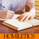Photo of a man writing in a journal with the Homiletics Online logo