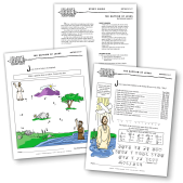 Photo of 3 example children's activity sheets from the bible