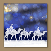 Photo of 3 wise men on camels with the start of Bethlehem and a dark navy background