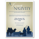 Living Nativity church flyer with image of camel, sheep, manger, Mary and Jospeh