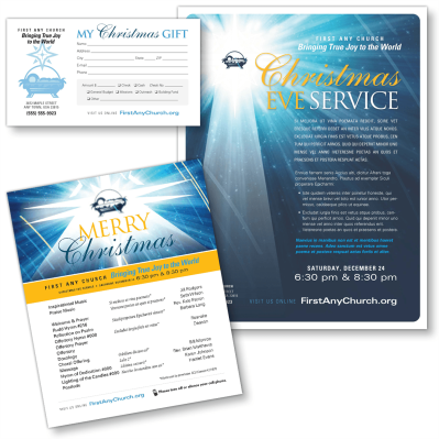 Photo of Church Christmas Eve Service flyer, newsletter and envelope templates with manger and star design