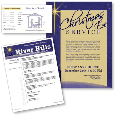 Photo of Christmas Eve Service church flyer, church newsletter template and offer envelope template with nativity scene 