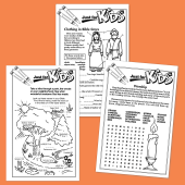 Photo of Bible Activity Sheets for Kids printed on an orange background