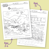 Photo of 2 children's activity sheets for stories in Genesis on tan background