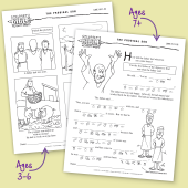 Photo of 2 children's activity sheets about Jesus on a tan background