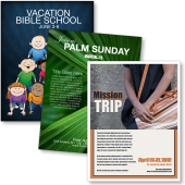 Church Flyer Designs for VBS, Palm Sunday and Mission Trip