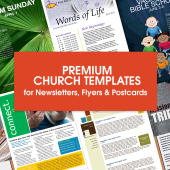 Premium Church Templates logo collage of different church newsletter and flyer templates