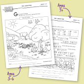 Photo of 2 children's activity sheets for stories in Genesis on tan background