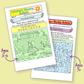 Photo of 2 colorful children's bulletins on a tan background