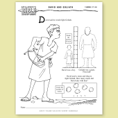 Photo of an activity sheet about David and Goliath on a tan background