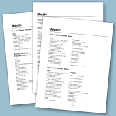 Sample Music suggestions printed and placed on light blue background