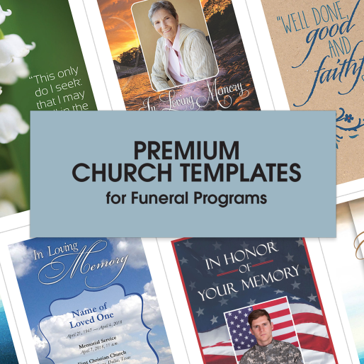 Premium Church Templates for Funeral Programs logo over example funeral programs