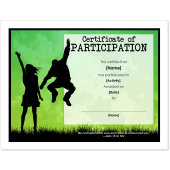 Participation Church Certificate for Kids with two silhouettes holding hands and jumping on green background
