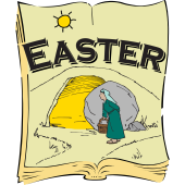 Illustration of woman looking into an empty tomb logo with the word Easter written at the top