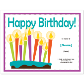 Happy birthday certificate with a cake and multi-color candles