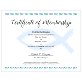 Church membership certificate with Christian fish symbol