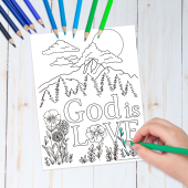 Photo of Bible based coloring page featuring God is love