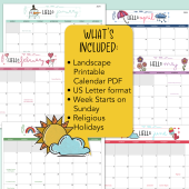 The Free downloadable PDF calendar is US letter format, Sunday start and includes religious holidays 